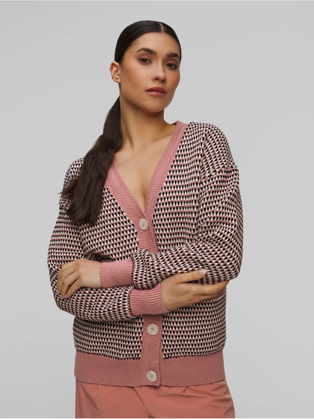 Varley Tiffany Textured Knit Cardigan Pink Sweater woodrose multi stitch